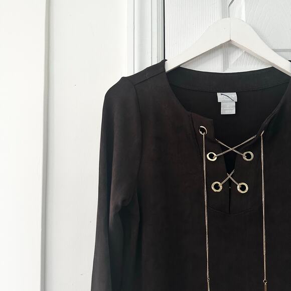 Travelers Chico's Chocolate Brown 3/4 Sleeve Slinky Tunic Top Laced Gold Chain 0 - Picture 3 of 7